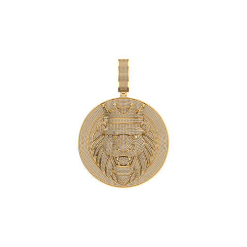 10K Yellow Gold Round Diamond Lion with Crown Pendant 2-5/8 Ctw