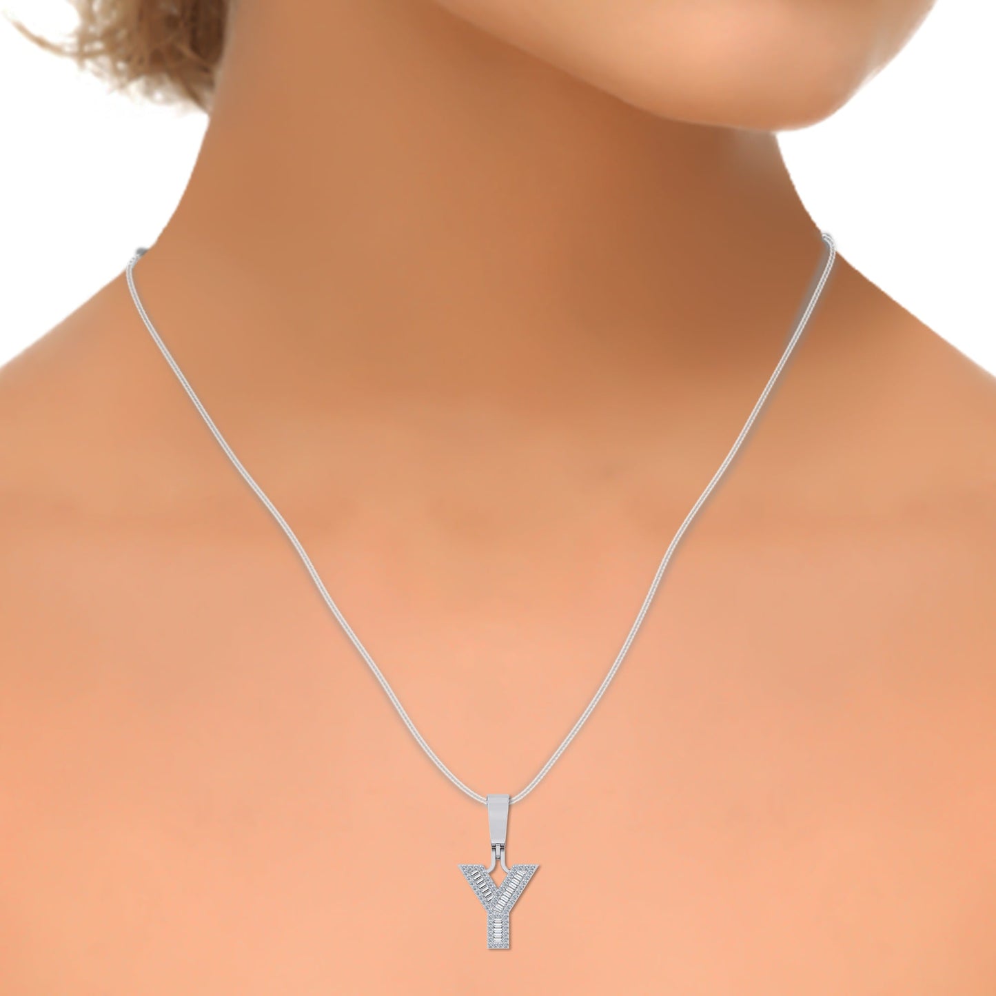10K White Gold Baguette Initial Y Pendant 1/4 Ctw