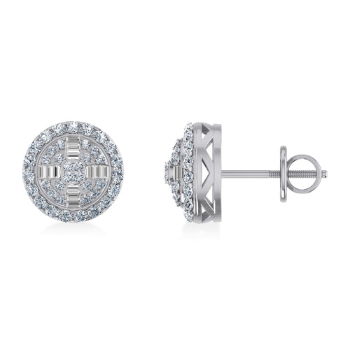 10K White Gold Round Baguette Diamond Round Shape Stud Earrings 1/3 Ctw