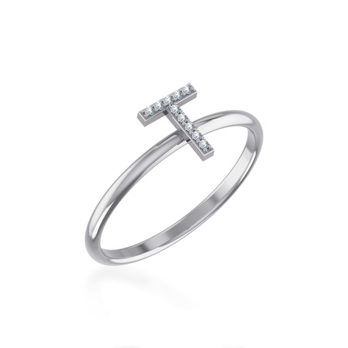 10K White Gold Womens Round Diamond T Initial Letter Ring 1/25 Ctw