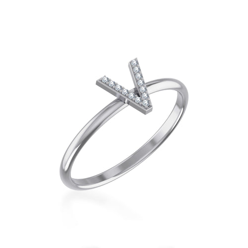 10K White Gold Womens Round Diamond V Initial Letter Ring 1/25 Ctw
