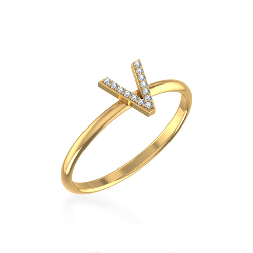 10K Yellow Gold Womens Round Diamond V Initial Letter Ring 1/25 Ctw