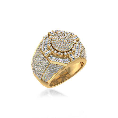 10K Yellow Gold Round Baguette Diamond Halo Big Mens Ring 2-1/2 Ctw