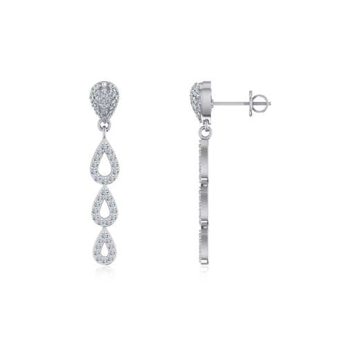 10K White Gold Round Diamond Drop Shape Dangling Earrings 3/4 Ctw