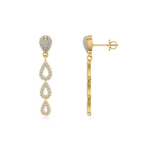 10K Yellow Gold Round Diamond Drop Shape Dangling Earrings 3/4 Ctw