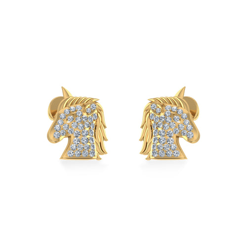 10K Yellow Gold Round Diamond Horse Animal Designer Stud Earring 1/5 Ctw