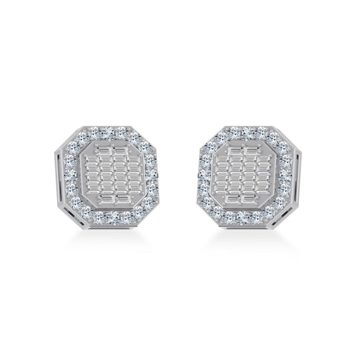 10K White Gold Diamond Designer Stud Earring 7/8 Ctw