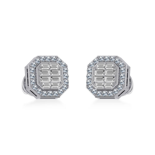 14K White Gold Round Baguette Diamond Stud Earrings 1/4 Ctw