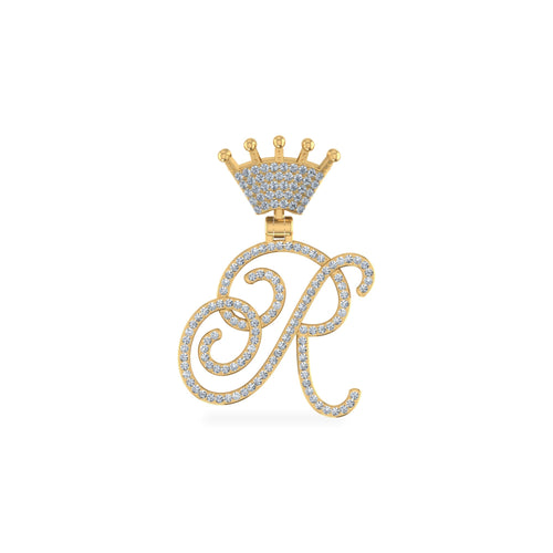 10K Yellow Gold Round Diamond Crown R Letter Initial Pendant 1/4 Ctw