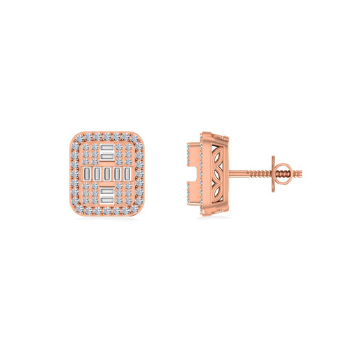 10K Rose Gold Round Baguette Diamond Square Shape Designer Mens Stud Earring 3/8 Ctw