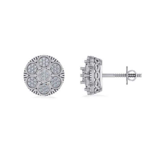 10K White Gold Round Diamond Flower Designer Mens Stud Earring 1/8 Ctw