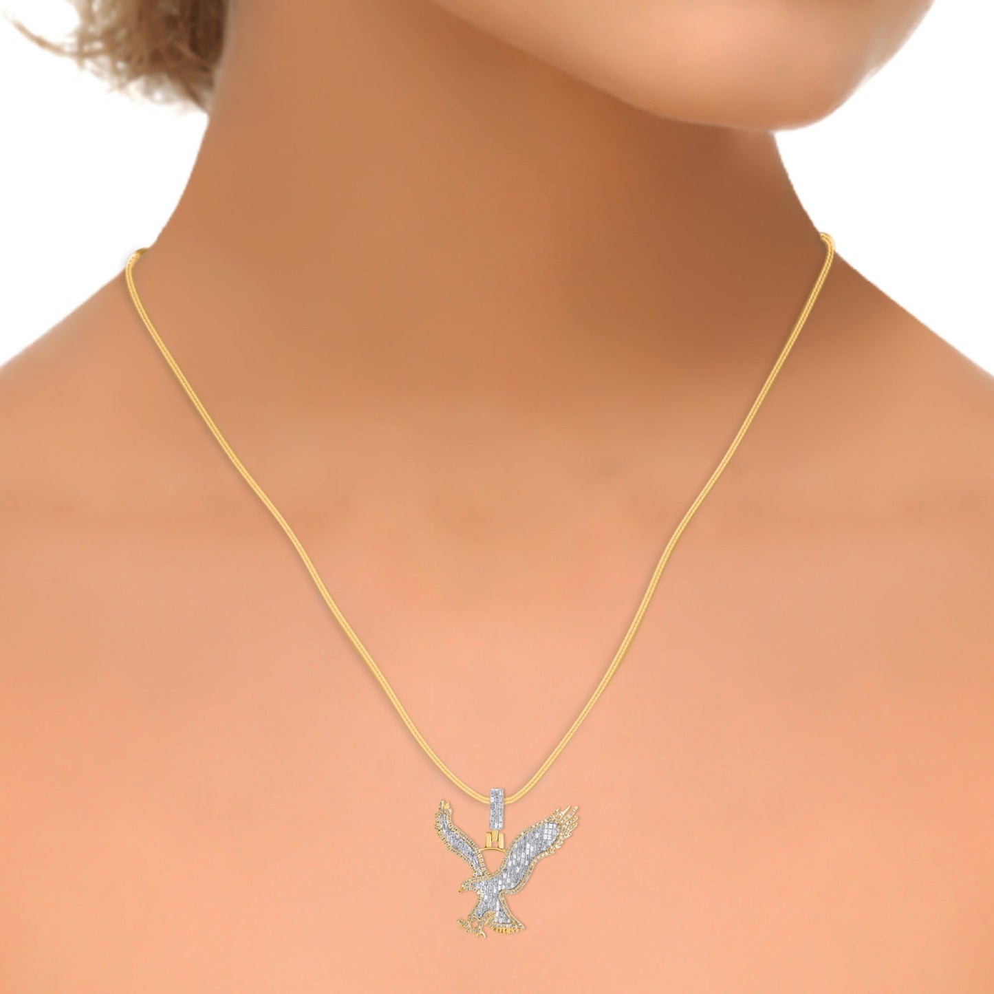 10K Yellow Gold Round Baguette Diamond Eagle Animal Pendant 1-1/5 Ctw