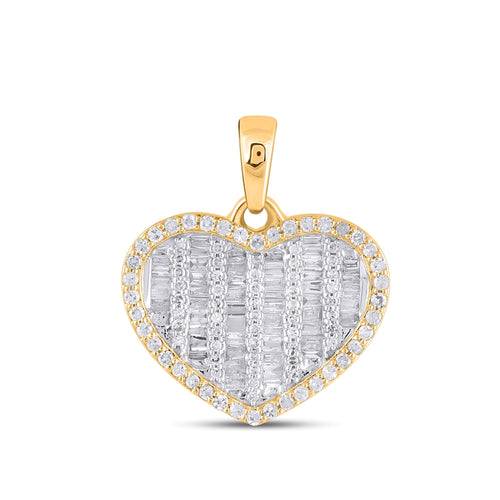 10K Yellow Gold Round Baguette Diamond Heart Pendant 1/2 Ctw