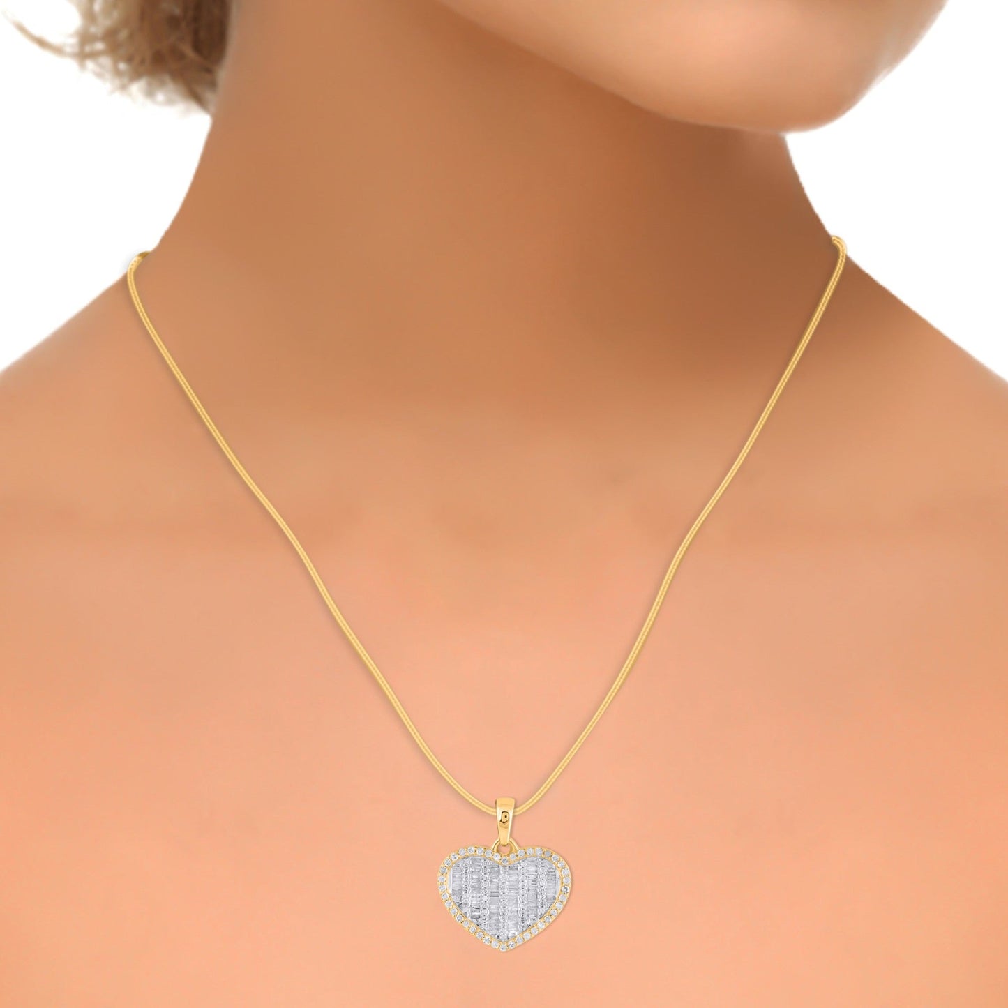 10K Yellow Gold Round Baguette Diamond Heart Pendant 1/2 Ctw