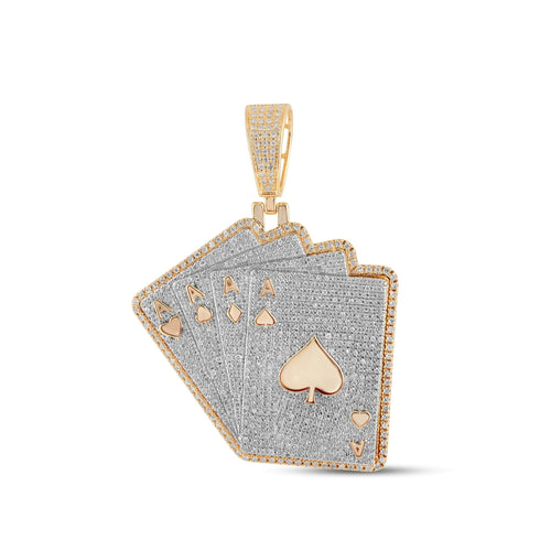 10K Yellow Gold Round Diamond Flush Cards Pendant 1-5/8 Ctw