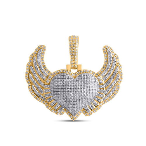 10K Yellow Gold Round Diamond Heart Wings Pendant 1-1/8 Ctw
