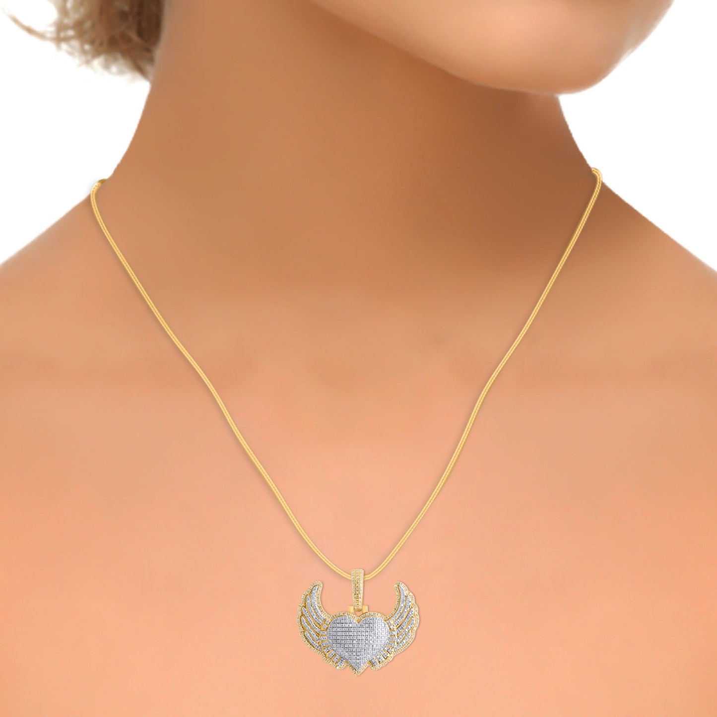 10K Yellow Gold Round Diamond Heart Wings Pendant 1-1/8 Ctw