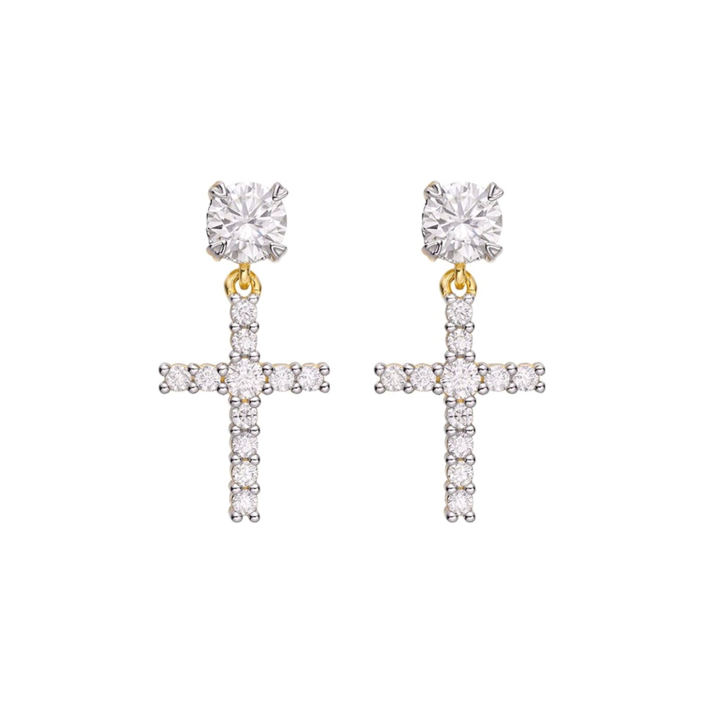 Sterling Silver Round Moissanite Cross Religious Stud Earrings 7/8 Ctw