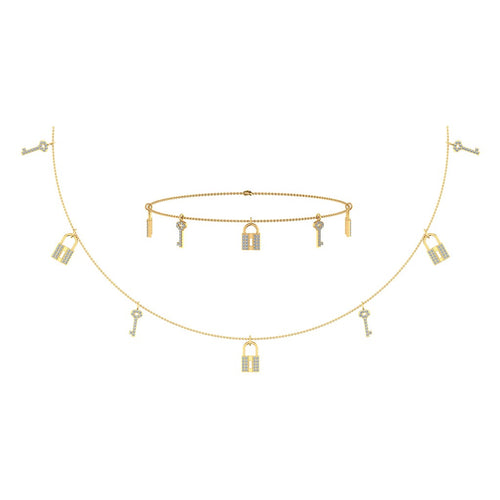 14K Yellow Gold Lock & Key Link Necklace Bracelet Jewelry Set 1/2 Ctw