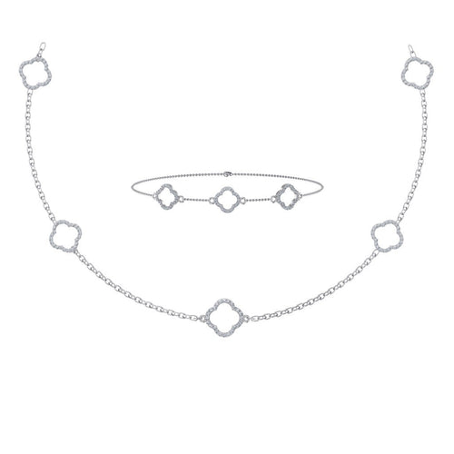 14K White Gold Round Link Necklace Bracelet Set 1-1/6 Ctw