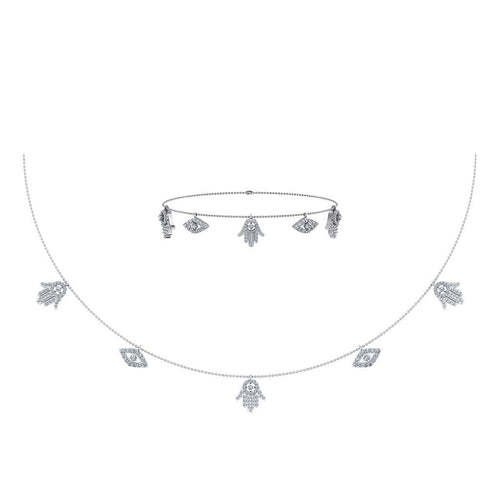 14K White Gold Hamsa Hand Evil Eye Necklace Bracelet Set 1-1/4 Ctw