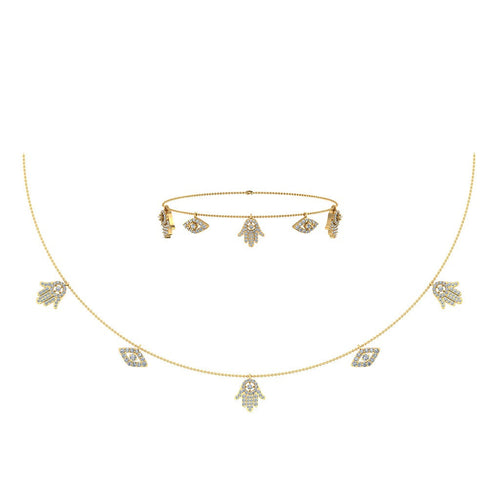 14K Yellow Gold Hamsa Hand Evil Eye Necklace Bracelet Set 1-1/4 Ctw