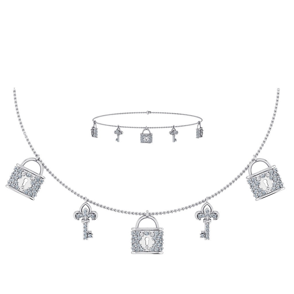 14K White Gold Lock & Key Necklace Bracelet Jewelry Set 5/8 Ctw