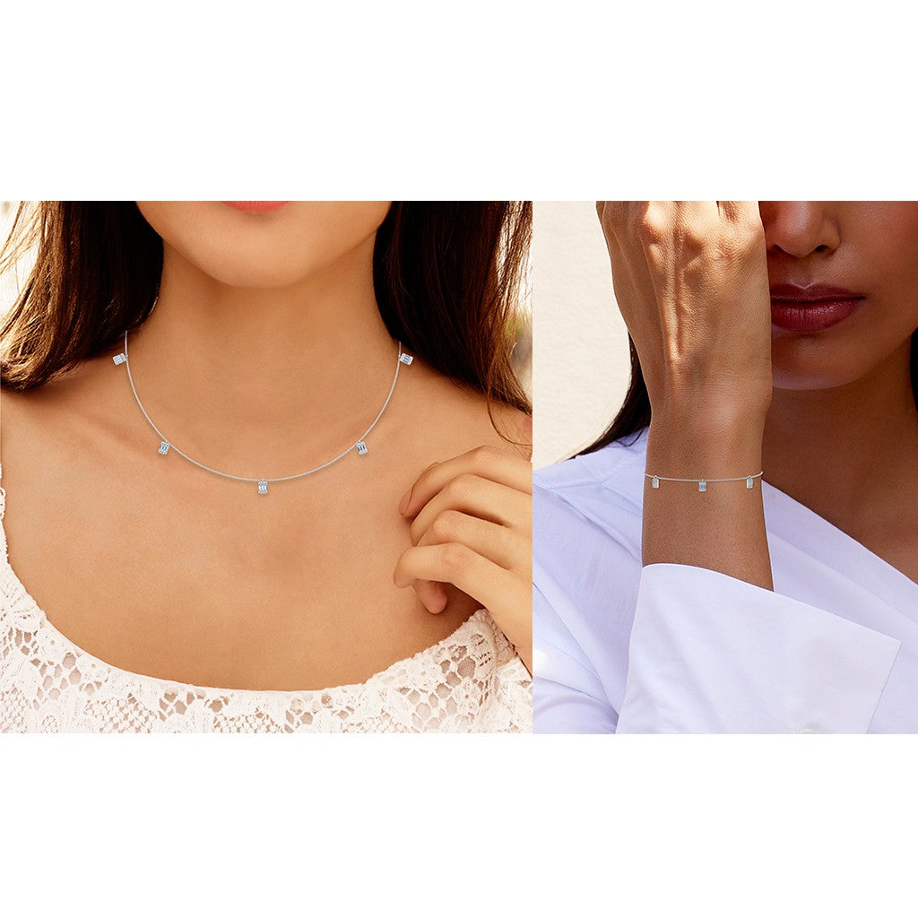 14K White Gold Baguette Link Necklace Bracelet Set 7/8 Ctw