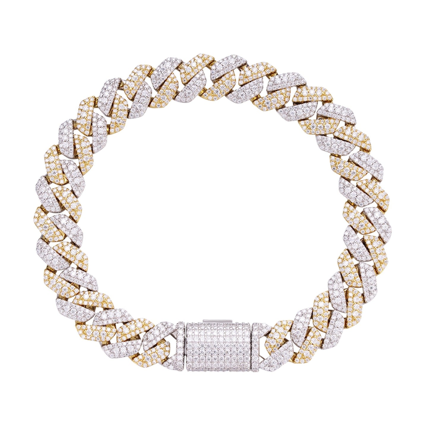 Sterling Silver Round Big Stone in Center Surrounded with Small Stones 10mm Moissanite Cuban Chain 8 Inch Bracelet 6-7/8 Ctw