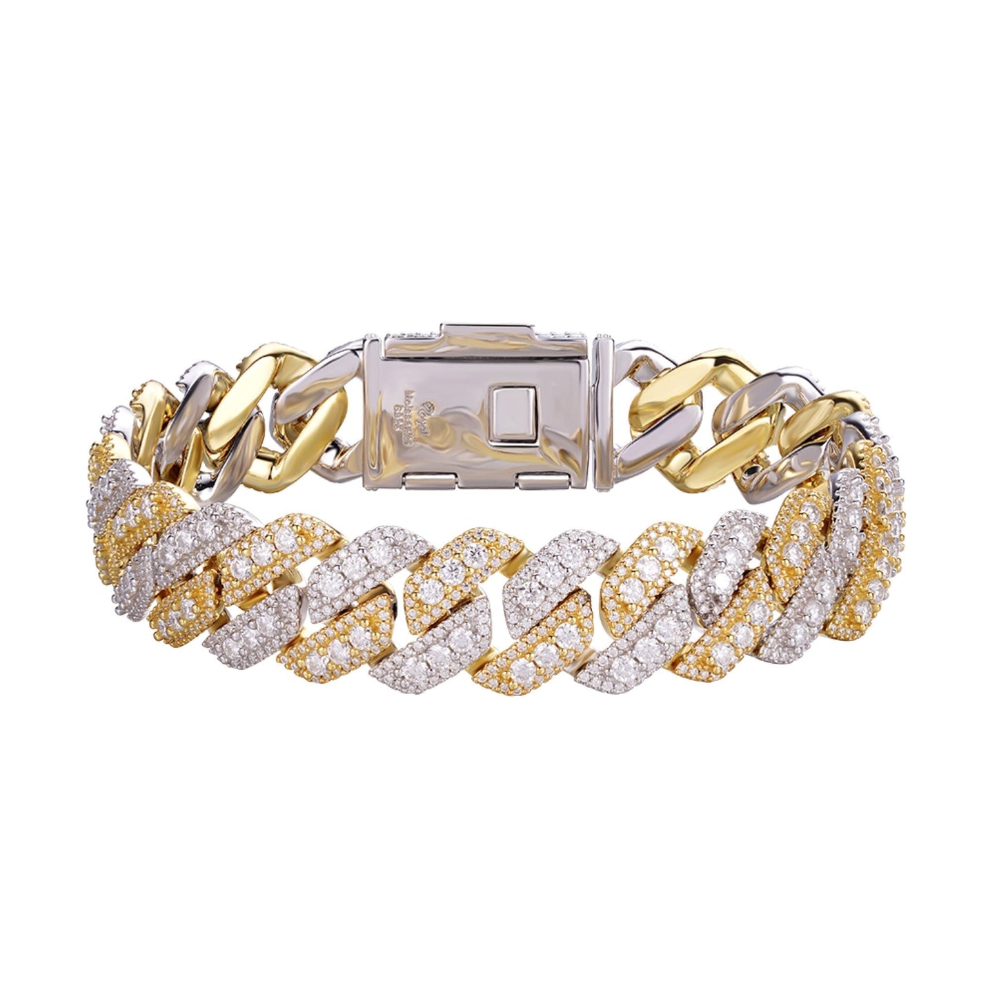 Sterling Silver Round Big Stone in Center Surrounded with Small Stones 14mm Moissanite Cuban Chain 8Inch Bracelet 12-3/4 Ctw