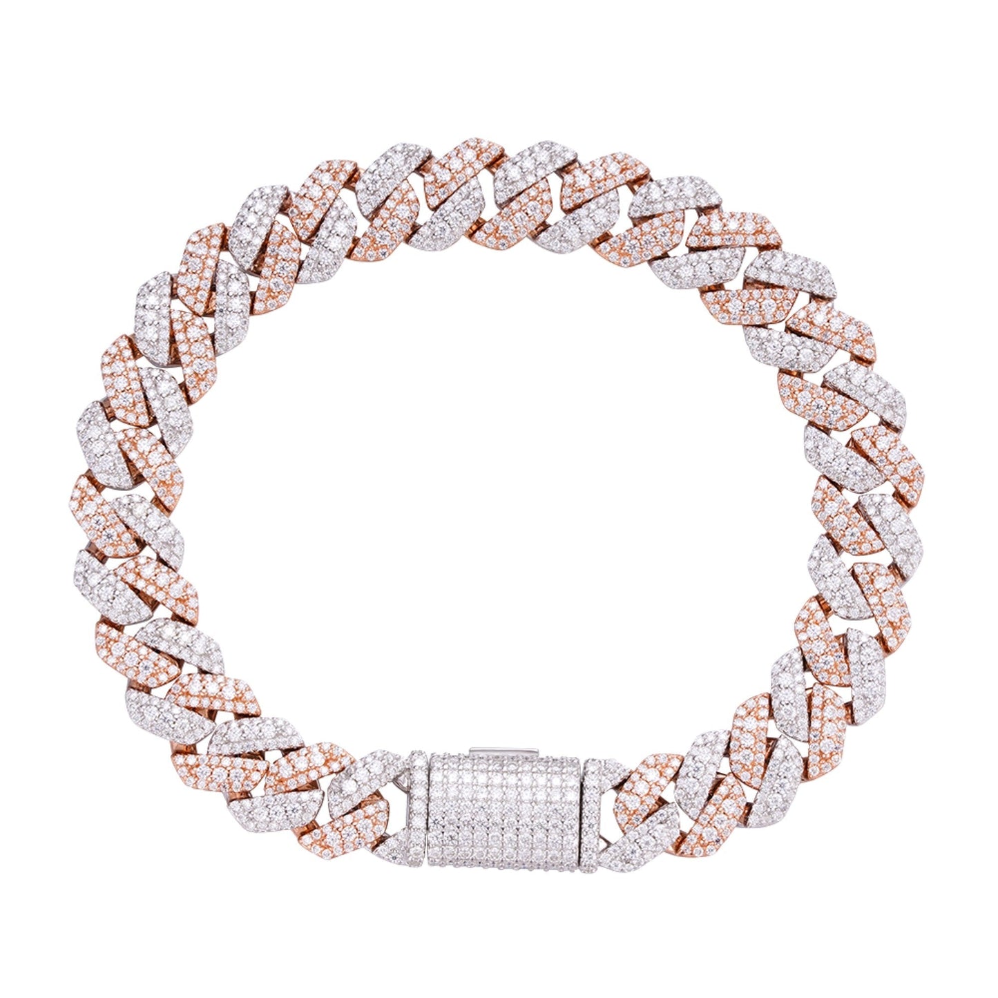 Sterling Silver Round Big Stone in Center Surrounded with Small Stones 10mm Moissanite Cuban Chain 8 Inch Bracelet 6-7/8 Ctw