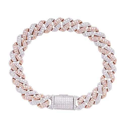 Sterling Silver Round Big Stone in Center Surrounded with Small Stones 10mm Moissanite Cuban Chain 8 Inch Bracelet 6-7/8 Ctw