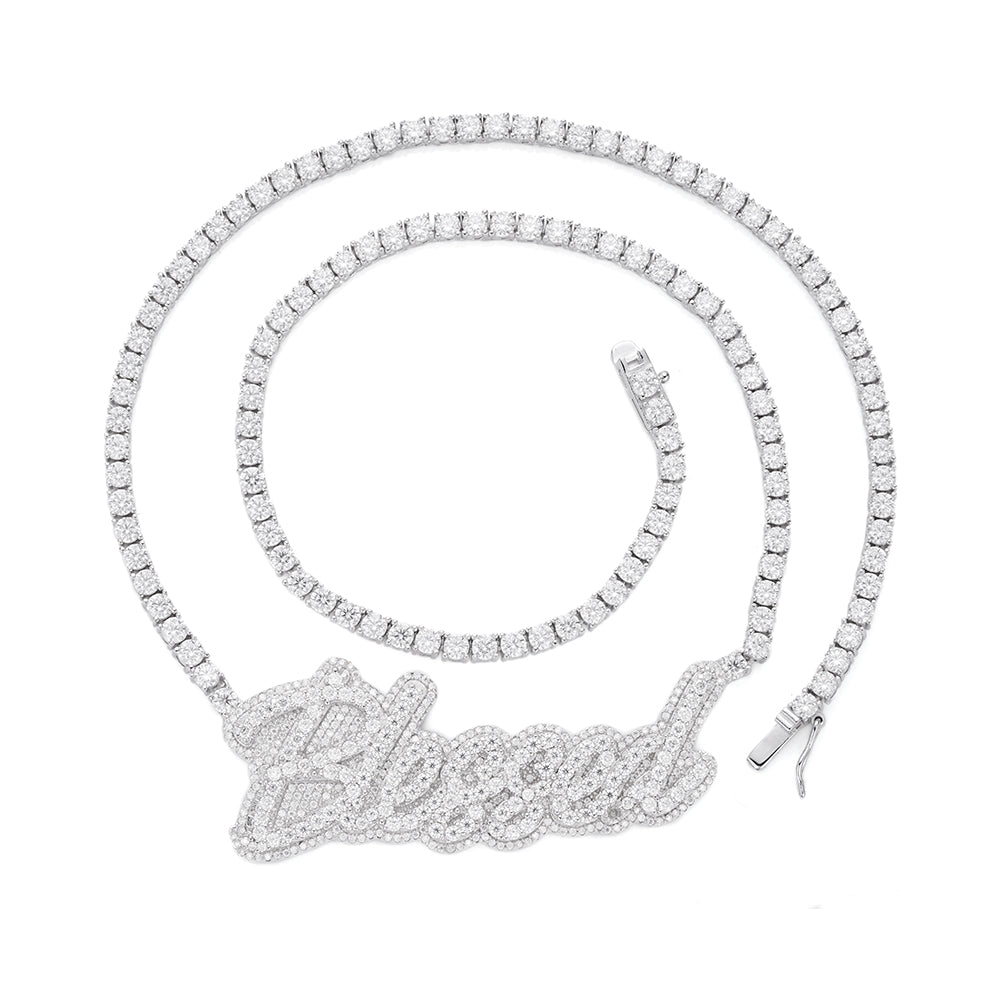 Sterling Silver Round Moissanite Blessed Word Designer 18 Inch Necklace 17-1/3 Ctw