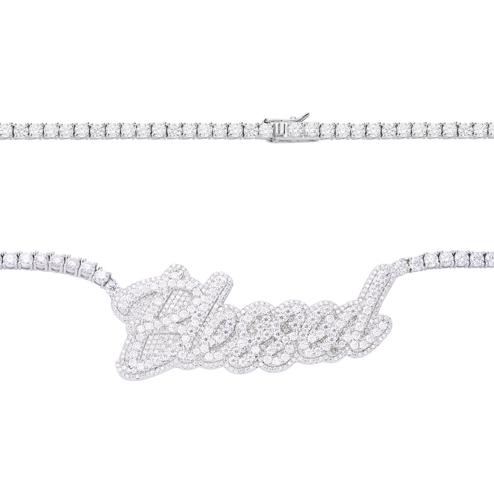 Sterling Silver Round Moissanite Blessed Word Designer 18 Inch Necklace 17-1/3 Ctw