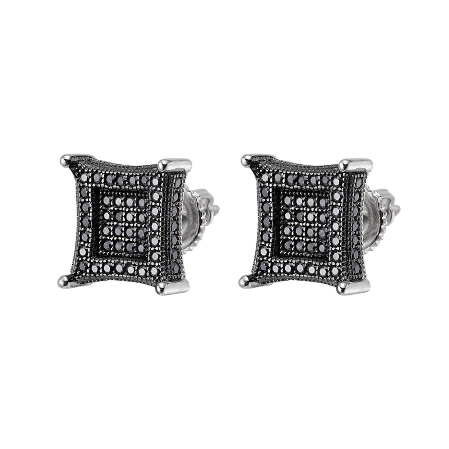 Sterling Silver Round Black Moissanite Square Shape Stud Earrings 7/8 Ctw