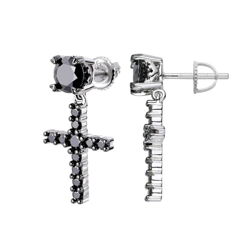 Sterling Silver Round Black Moissanite Cross Religious Stud Earrings 7/8 Ctw