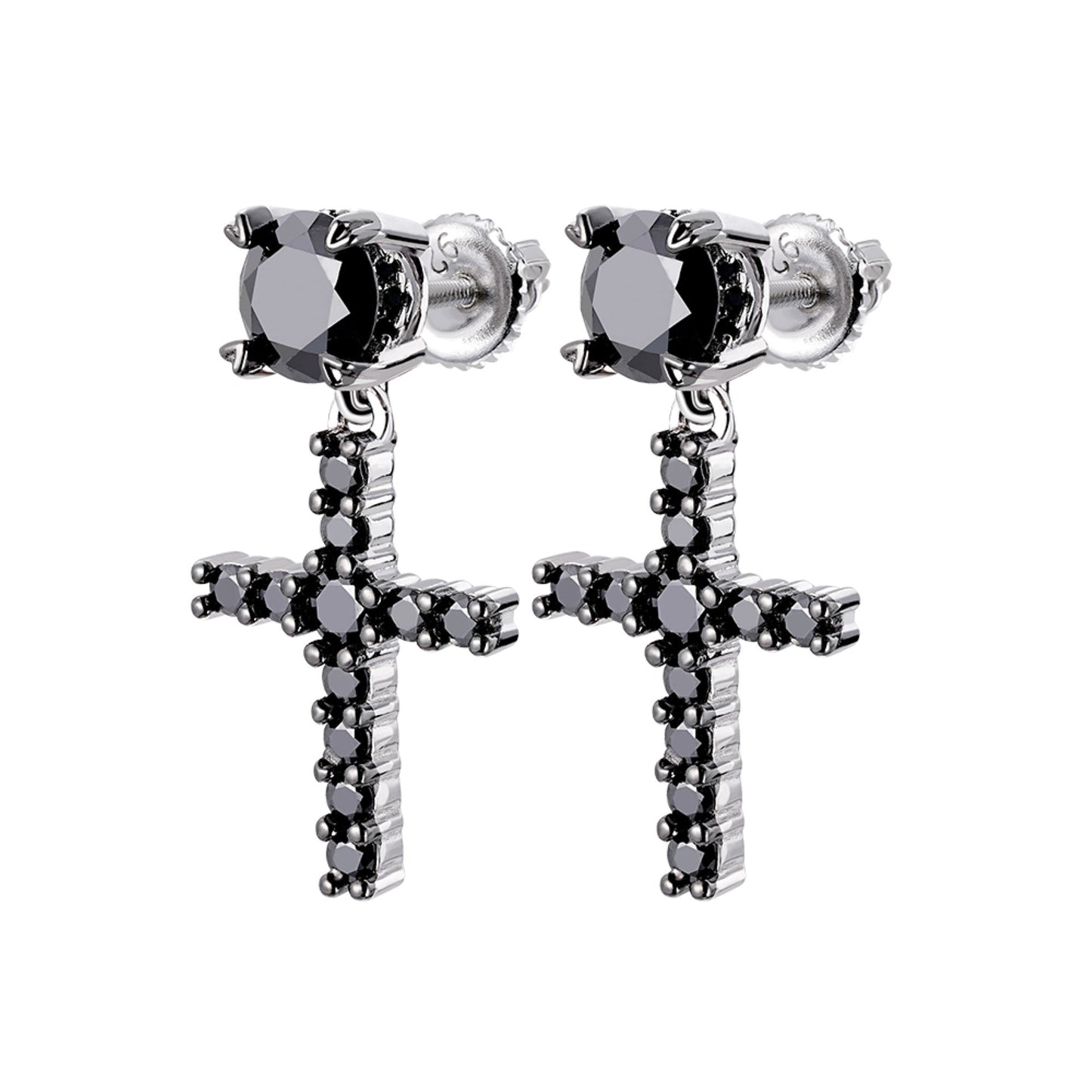 Sterling Silver Round Black Moissanite Cross Religious Stud Earrings 7/8 Ctw