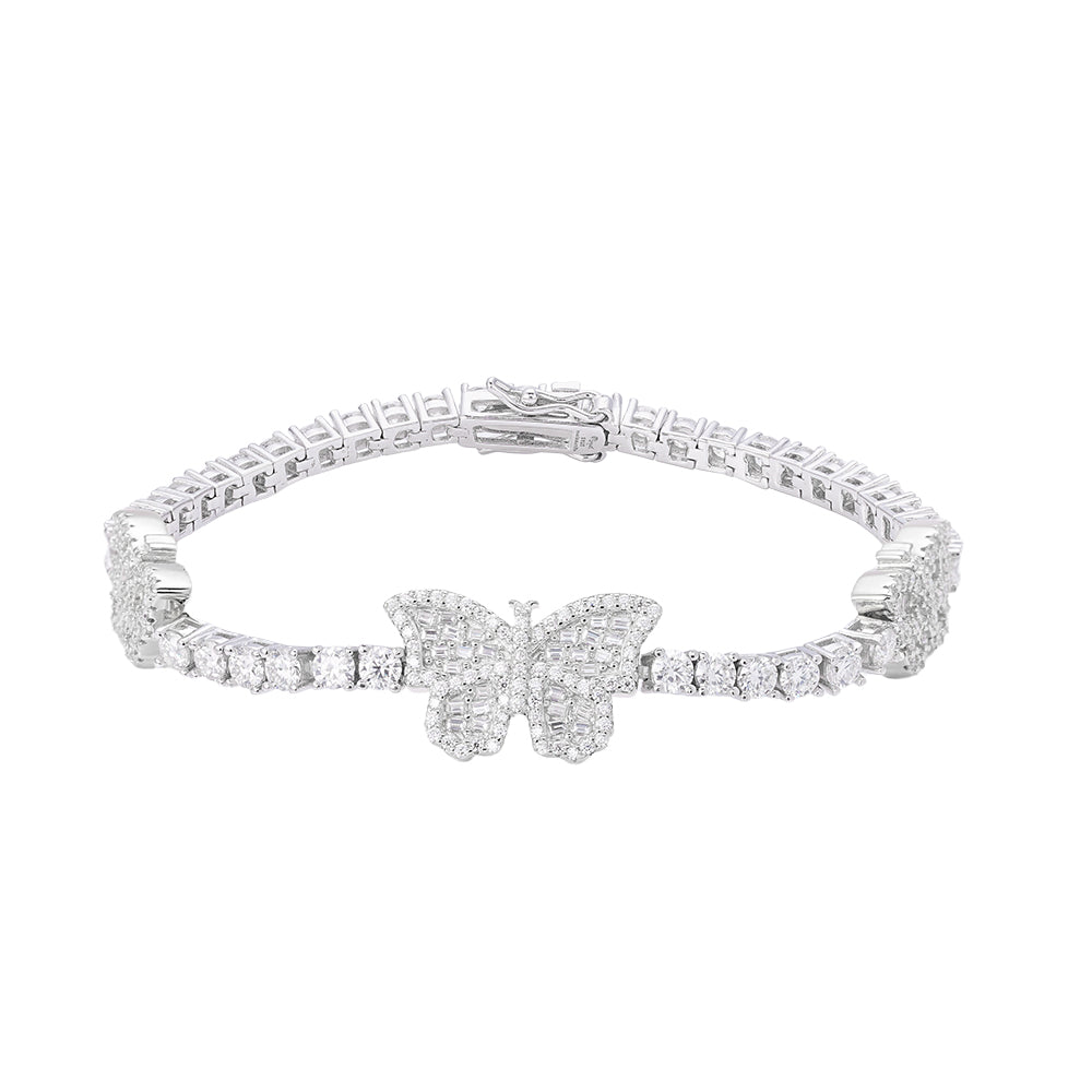 Sterling Silver Round Baguette 3mm Tennis Moissanite Butterfly Designer 7 Inch Bracelet 6 Ctw