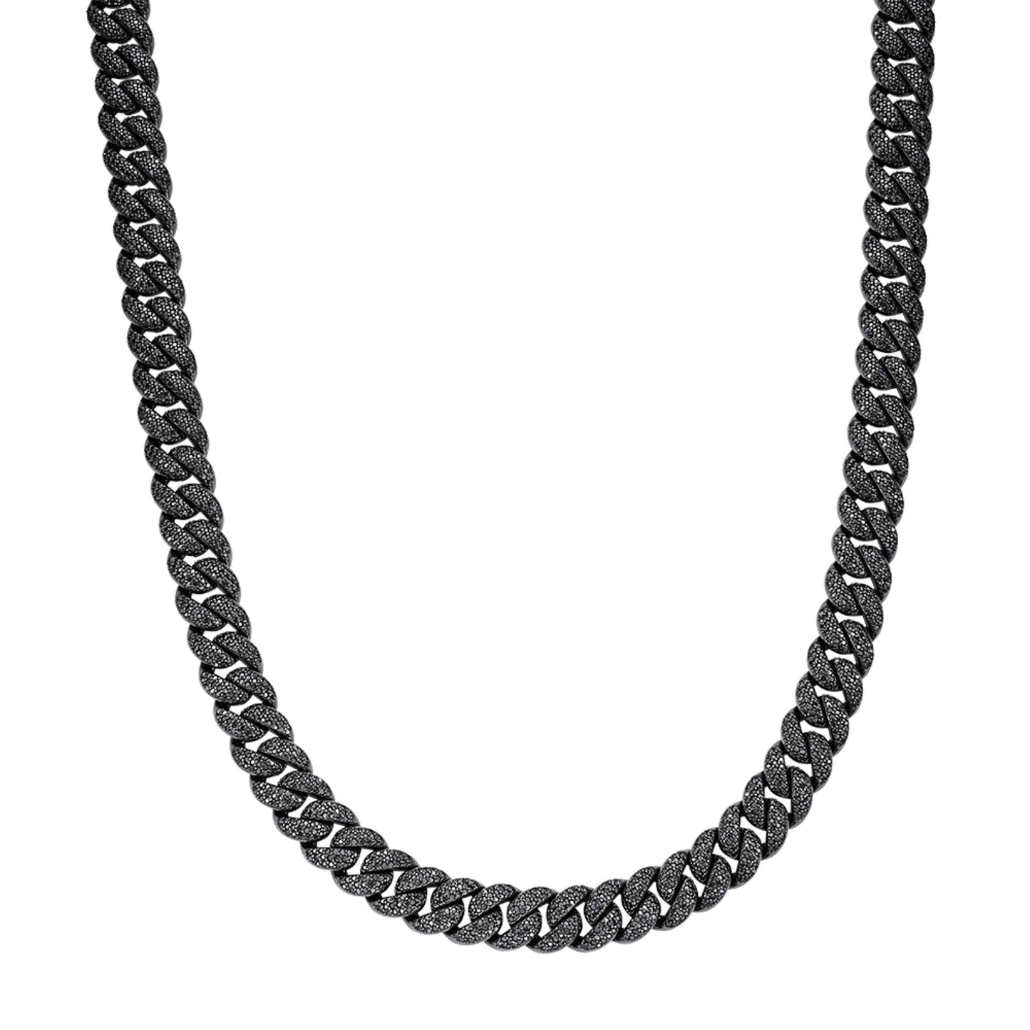 Sterling Silver 12mm Round Black Moissanite Miami Cuban Chain 22 Inch Men Necklace 19-5/8 Ctw