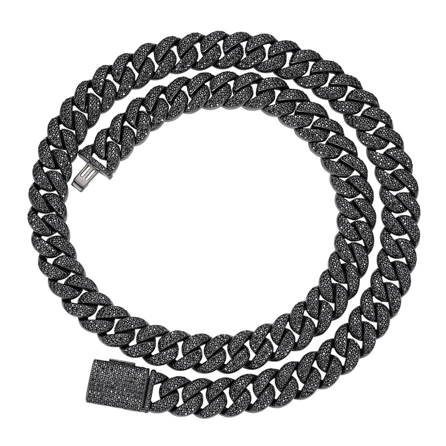 Sterling Silver 12mm Round Black Moissanite Miami Cuban Chain 22 Inch Men Necklace 19-5/8 Ctw