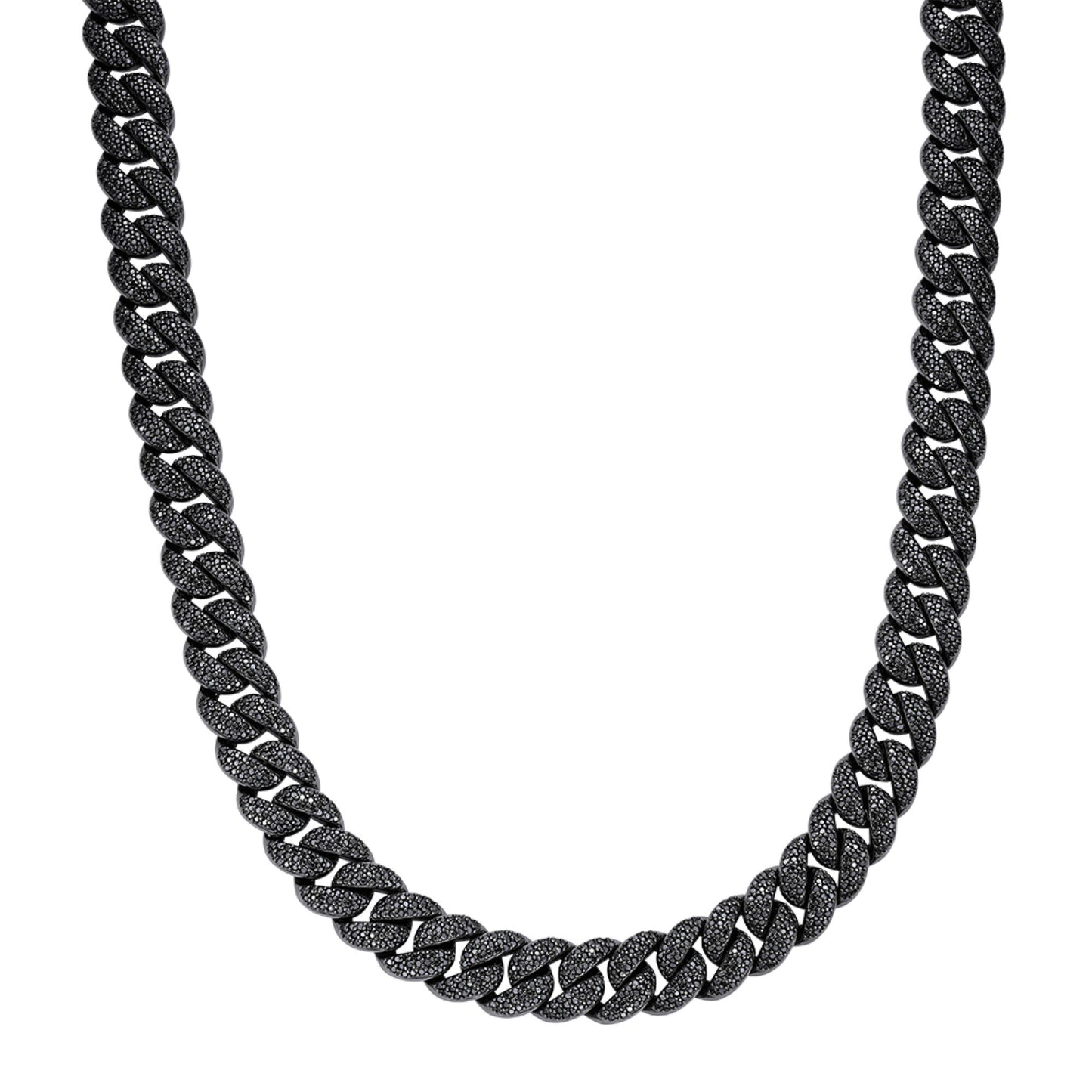 Sterling Silver 15mm Round Black Moissanite Miami Cuban Chain 22 Inch Men Necklace 27-1/3 Ctw