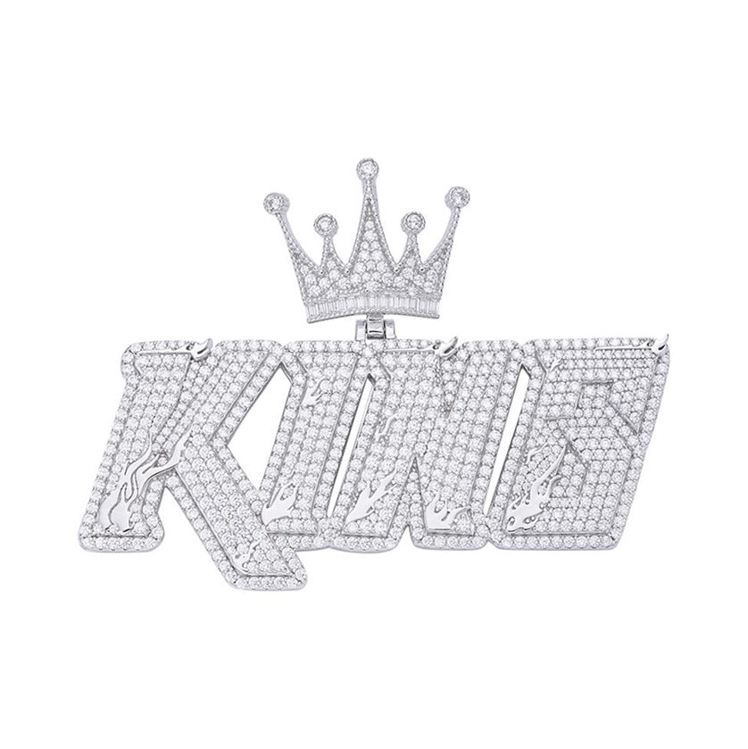 Sterling Silver Round Baguette Moissanite Crown KING Word Pendant 6-5/8 Ctw