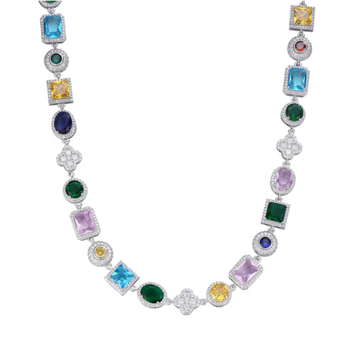 Sterling Silver Round Moissanite 4 Stone Flower with Color Stone Designer 22 Inch Necklace 12-5/8 Ctw