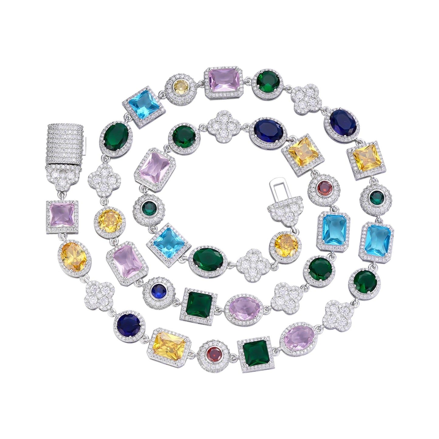 Sterling Silver Round Moissanite 4 Stone Flower with Color Stone Designer 22 Inch Necklace 12-5/8 Ctw