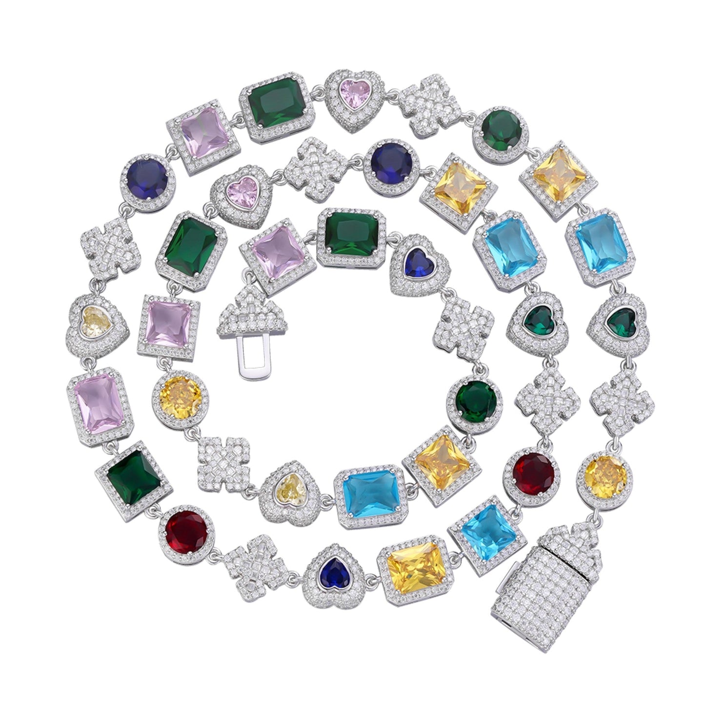 Sterling Silver Round Moissanite Cross with Color Stone Designer 22 Inch Necklace 11 Ctw