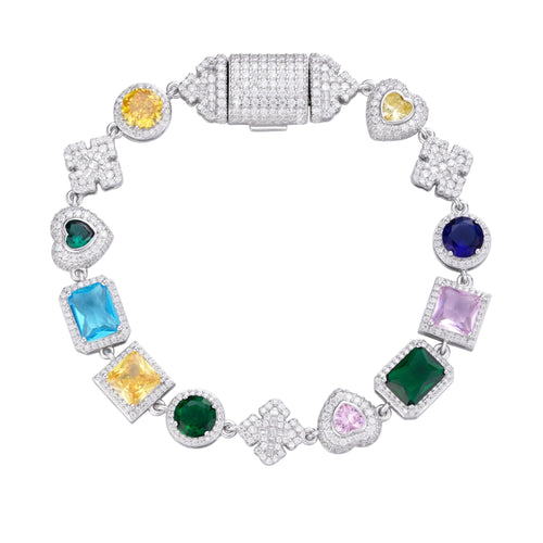 Sterling Silver Round Moissanite Cross with Color Stone Designer 8 Inch Bracelet 4-3/8 Ctw