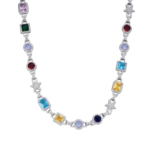 Sterling Silver Round Moissanite Star with Color Stone Designer 22 Inch Necklace 15-1/2 Ctw