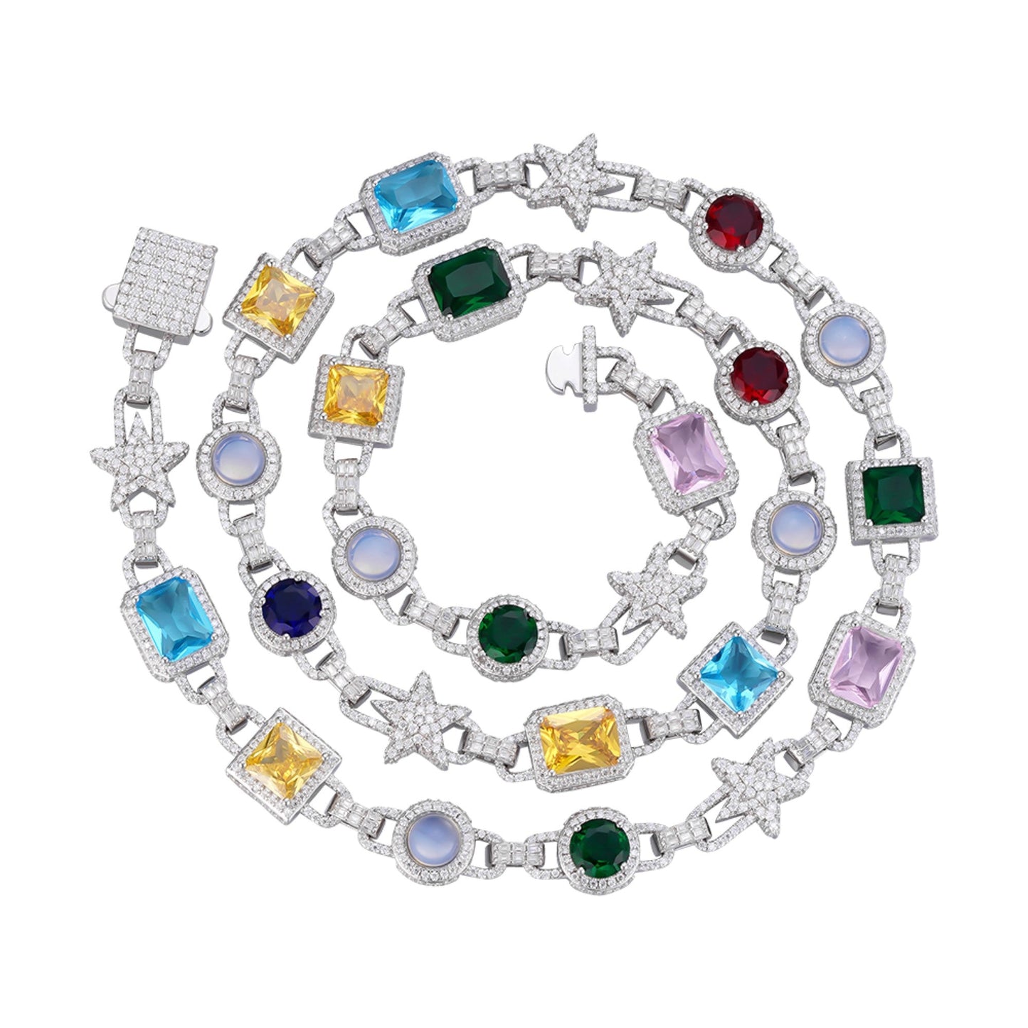 Sterling Silver Round Moissanite Star with Color Stone Designer 22 Inch Necklace 15-1/2 Ctw