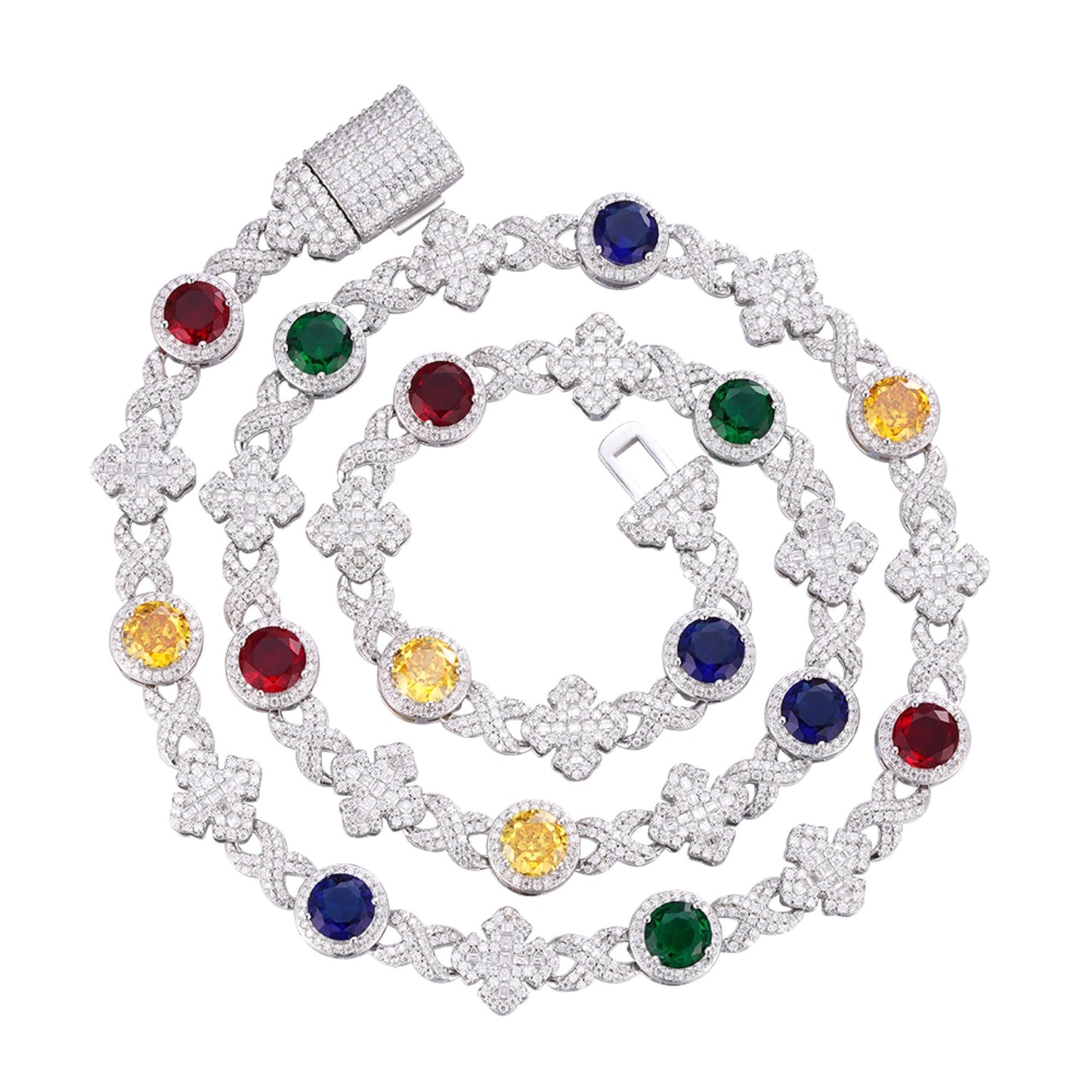 Sterling Silver Round Moissanite Cross Infinity with Color Stone Designer 22 Inch Necklace 13 Ctw