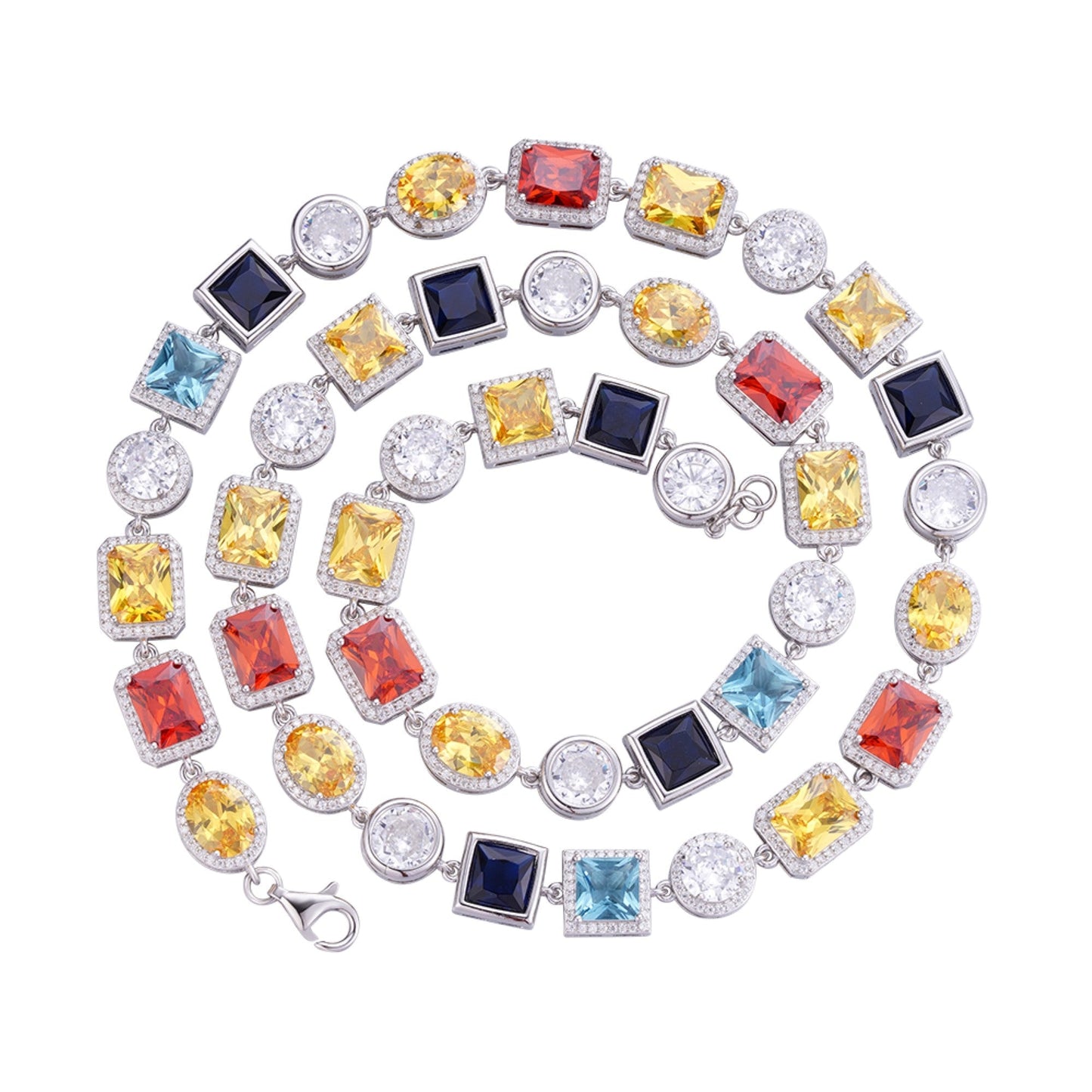 Sterling Silver Moissanite Round with Color Stone Designer 22 Inch Necklace 4-1/4 Ctw